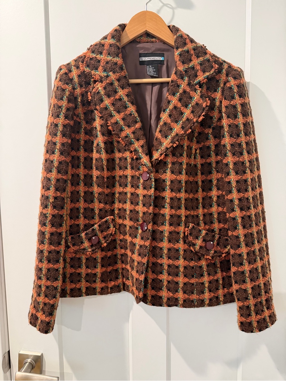 Vintage Requirements Brown & Orange Tweed Plaid Wool Jacket